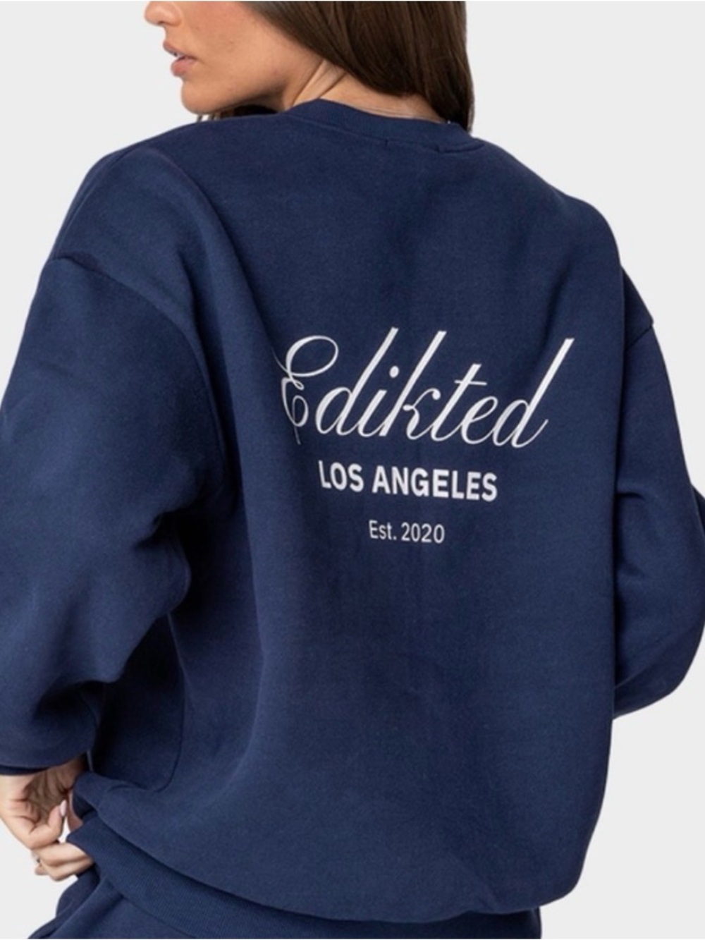 Edikted Navy Crewneck Sweatshirt with White Script Logo Women’s XS Oversized